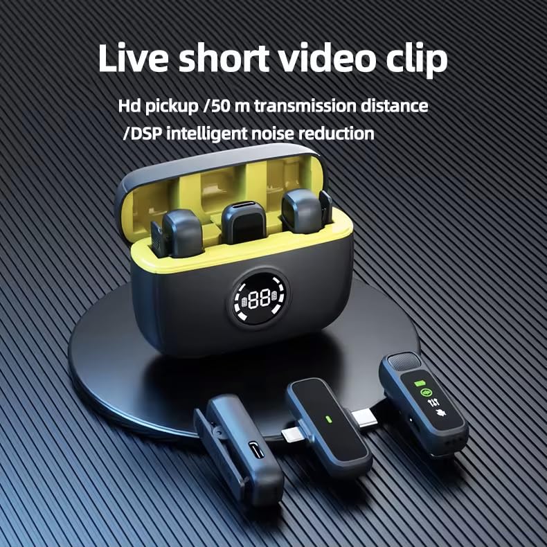 Collar Microphone for iPhone, iPad Andriod Phones Wireless Lavalier Microphone Bluetooth Dual-Plug Cordless Mic for Vlog, YouTube, Podcast (Double Plugs & 2 Mics Kit in a Charging Case, Black/Yellow)