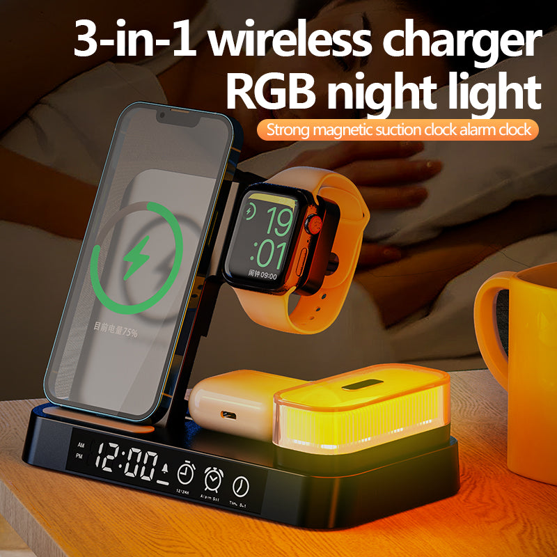 Multi-Functional Five In One Magnetic Wireless Charging Station With Clock And Wireless Color Change Night Lamp