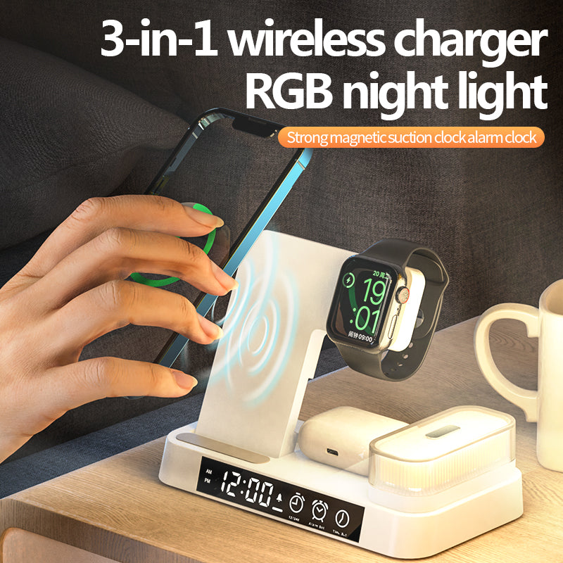 Multi-Functional Five In One Magnetic Wireless Charging Station With Clock And Wireless Color Change Night Lamp