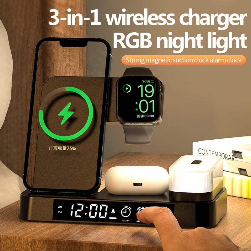 Multi-Functional Five In One Magnetic Wireless Charging Station With Clock And Wireless Color Change Night Lamp