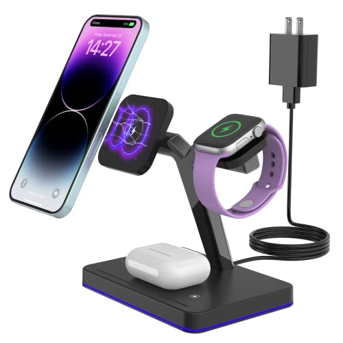 JoyGeek Mag Safe Charger with Stand, Magnetic iPhone Charger, 3-in-1 Wireless Charging Station for Apple iPhone 14/13/12 Series, iWatch Ultra/8/7/6, Airpods Pro, Upgraded Strong Magnets, More Stable