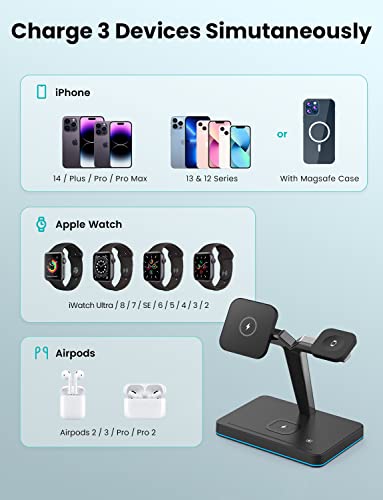 JoyGeek Mag Safe Charger with Stand, Magnetic iPhone Charger, 3-in-1 Wireless Charging Station for Apple iPhone 14/13/12 Series, iWatch Ultra/8/7/6, Airpods Pro, Upgraded Strong Magnets, More Stable