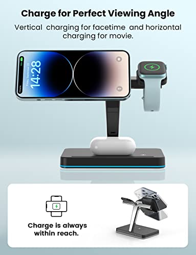 JoyGeek Mag Safe Charger with Stand, Magnetic iPhone Charger, 3-in-1 Wireless Charging Station for Apple iPhone 14/13/12 Series, iWatch Ultra/8/7/6, Airpods Pro, Upgraded Strong Magnets, More Stable