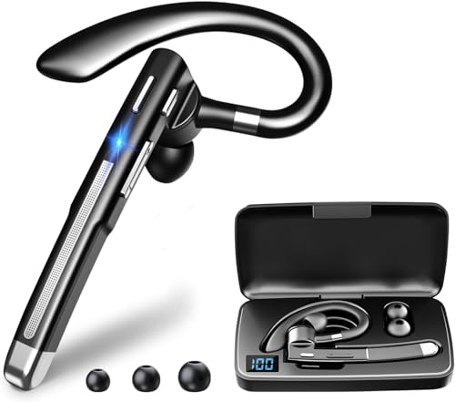 Signle Ear Bluetooth Headphone For Driving Bluetooth Headphone Wireless Headset With Clear Mouthside Microphone And Charging Case for Android iOS Meeting Office Travel (Headphone Black With Case)