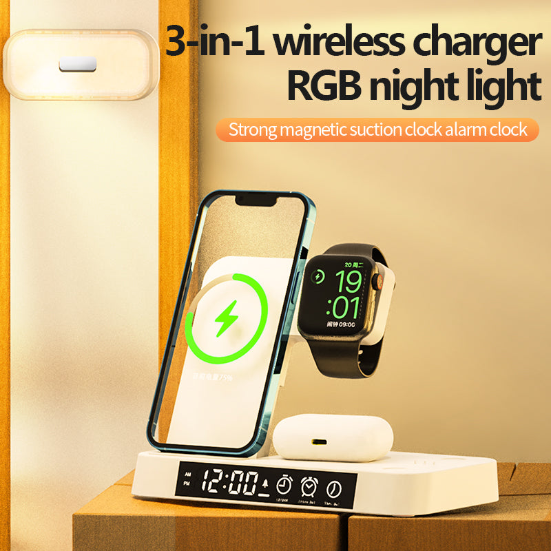 Multi-Functional Five In One Magnetic Wireless Charging Station With Clock And Wireless Color Change Night Lamp