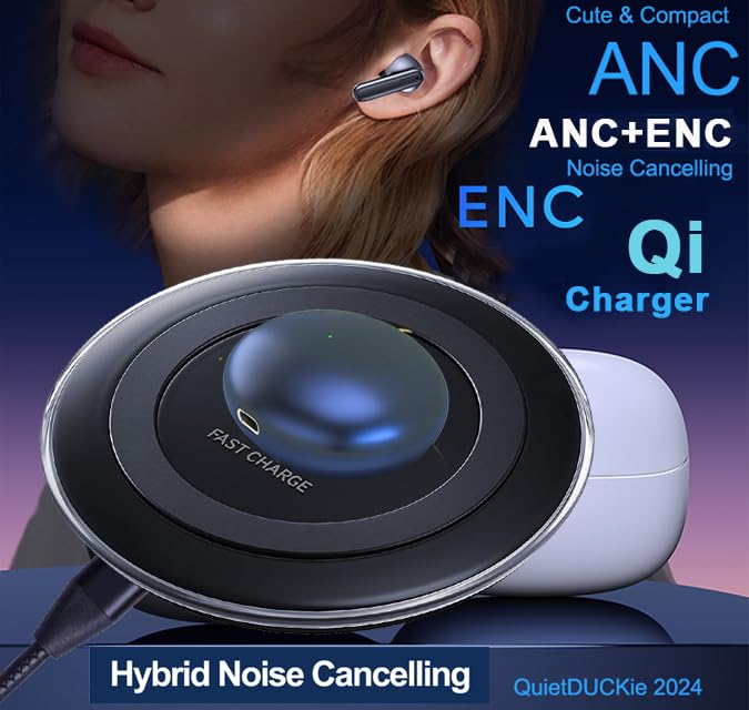 DUCK DANCE Wireless Earbuds with Qi Charging Case ANC + ENC Active Noise Cancelling Earbuds Bluetooth with Mic -38dB QuietDuckie Hall Switch with Gift Canvas Travel Pouch