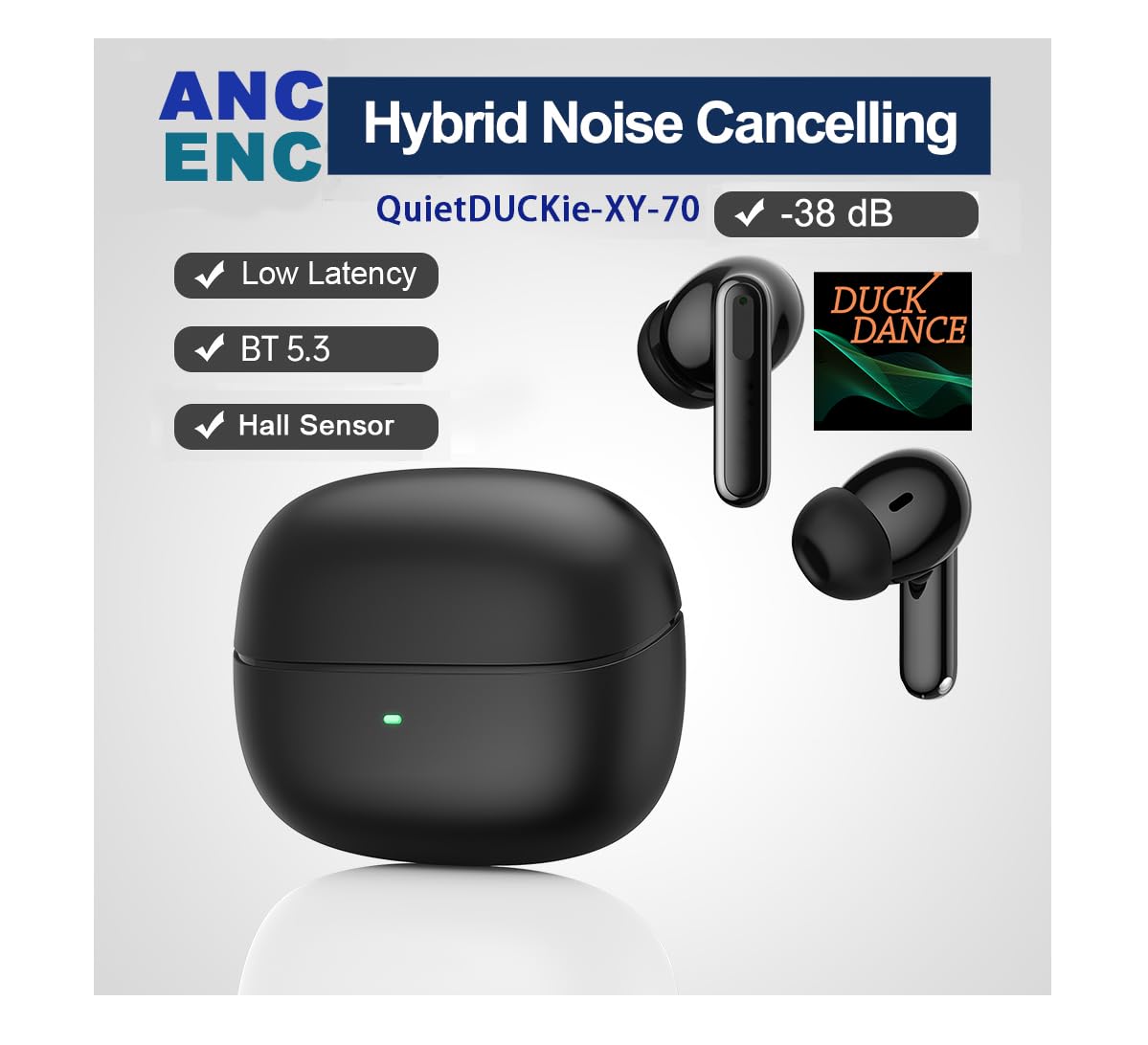 DUCK DANCE Wireless Earbuds with Qi Charging Case ANC + ENC Active Noise Cancelling Earbuds Bluetooth with Mic -38dB QuietDuckie Hall Switch with Gift Canvas Travel Pouch