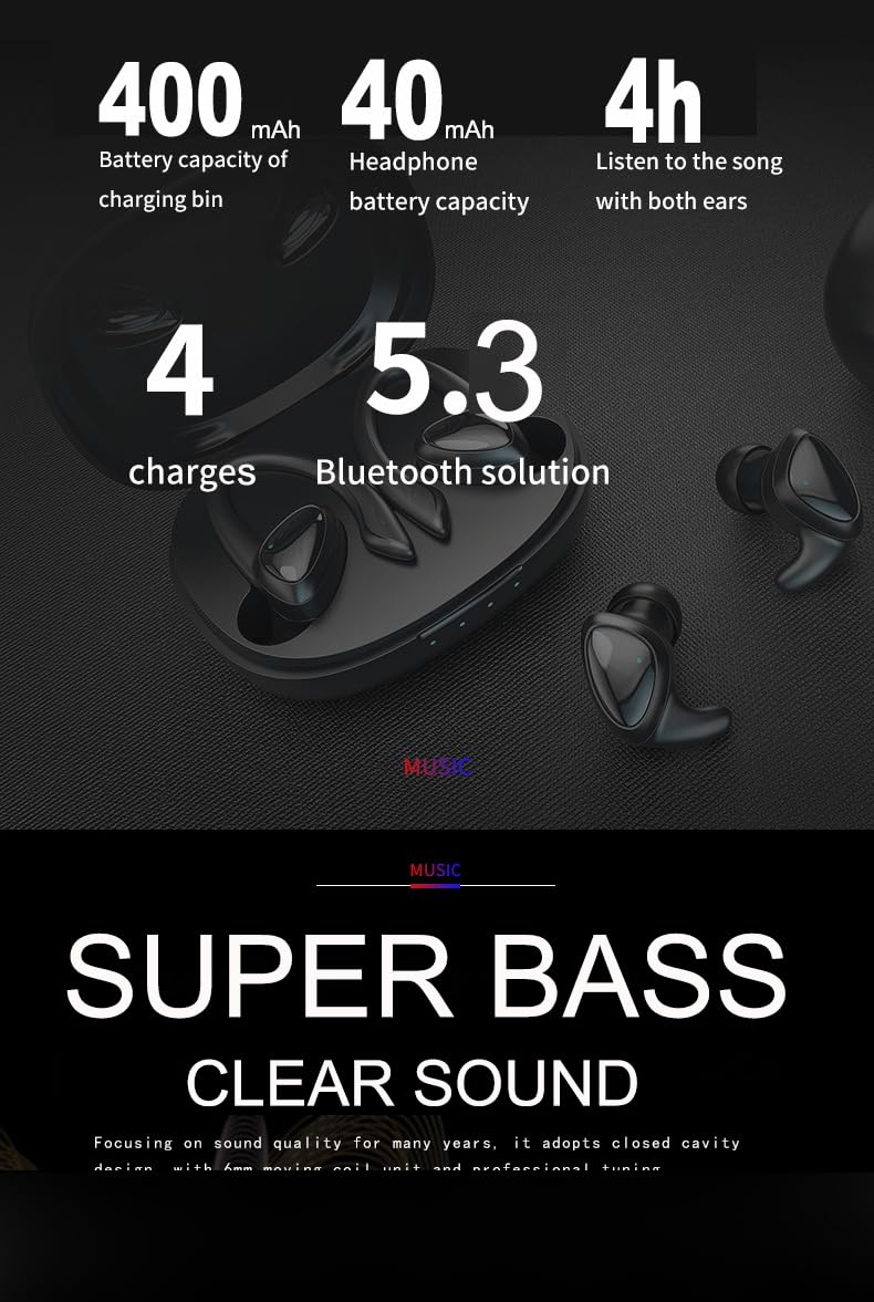 Bluetooth Earbuds Wireless TWS Headphones with Detachable Ear Hooks Sport Headphone Dual Ways Wear Untralight Over Ear and in Ear Headset DUCKDUAL (Light Black, Detachable Ear Hook)