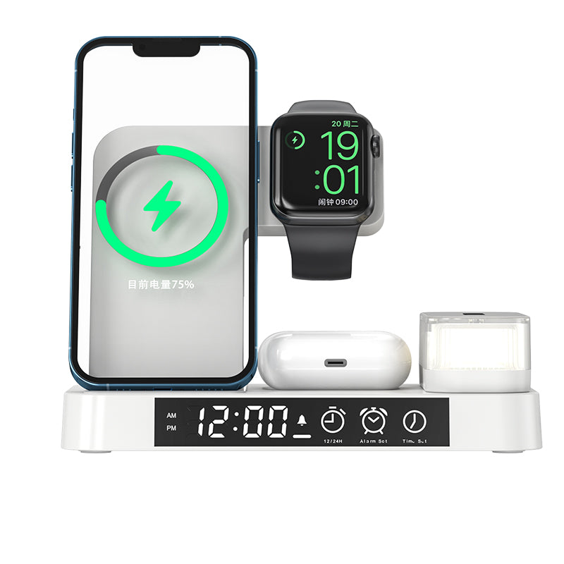 Multi-Functional Five In One Magnetic Wireless Charging Station With Clock And Wireless Color Change Night Lamp