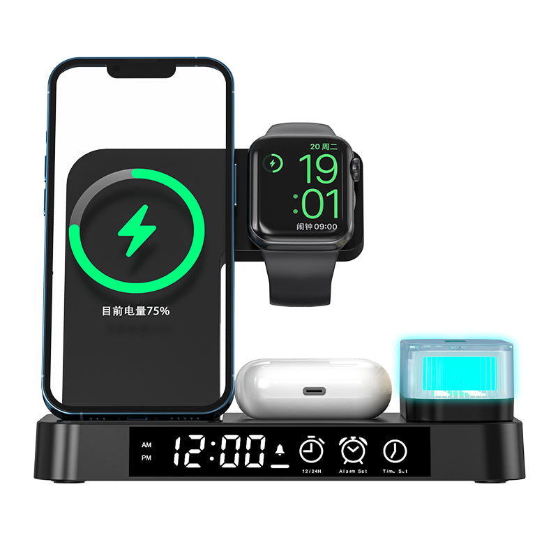 Multi-Functional Five In One Magnetic Wireless Charging Station With Clock And Wireless Color Change Night Lamp