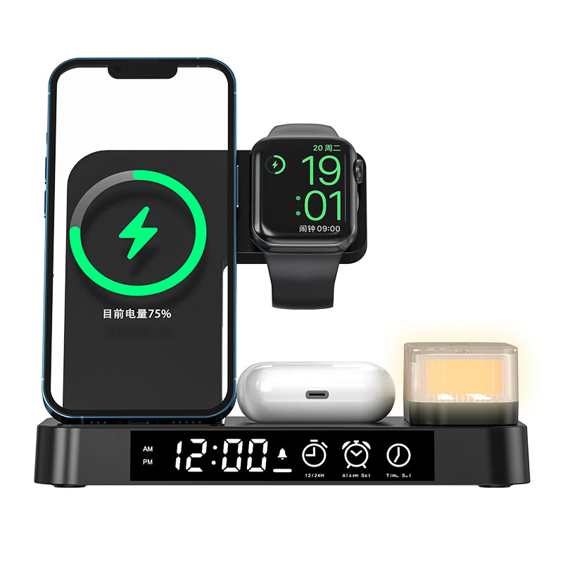 Multi-Functional Five In One Magnetic Wireless Charging Station With Clock And Wireless Color Change Night Lamp