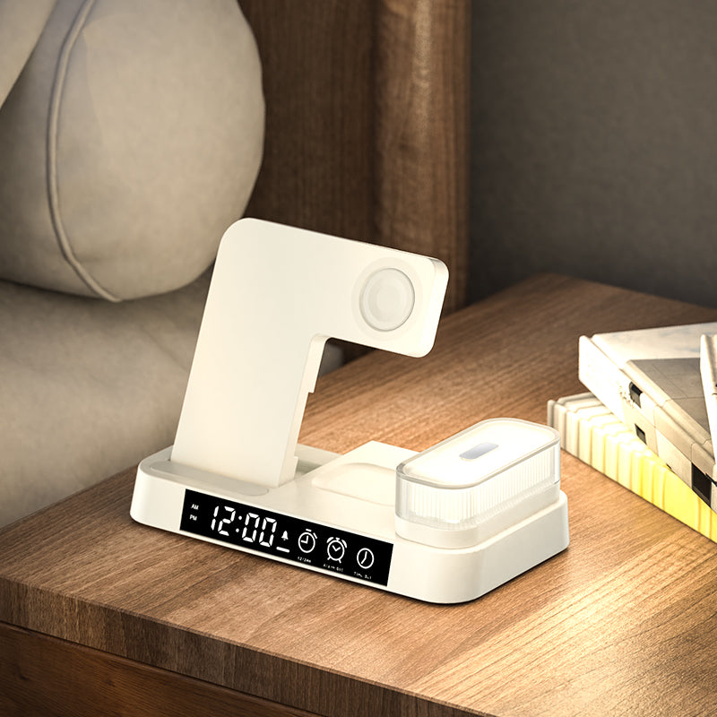 Multi-Functional Five In One Magnetic Wireless Charging Station With Clock And Wireless Color Change Night Lamp