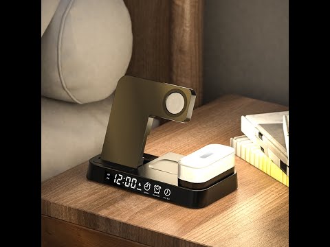 Multi-Functional Five In One Magnetic Wireless Charging Station With Clock And Wireless Color Change Night Lamp